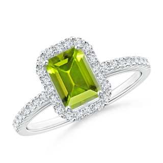 7x5mm AAA Emerald-Cut Peridot Halo Ring in White Gold