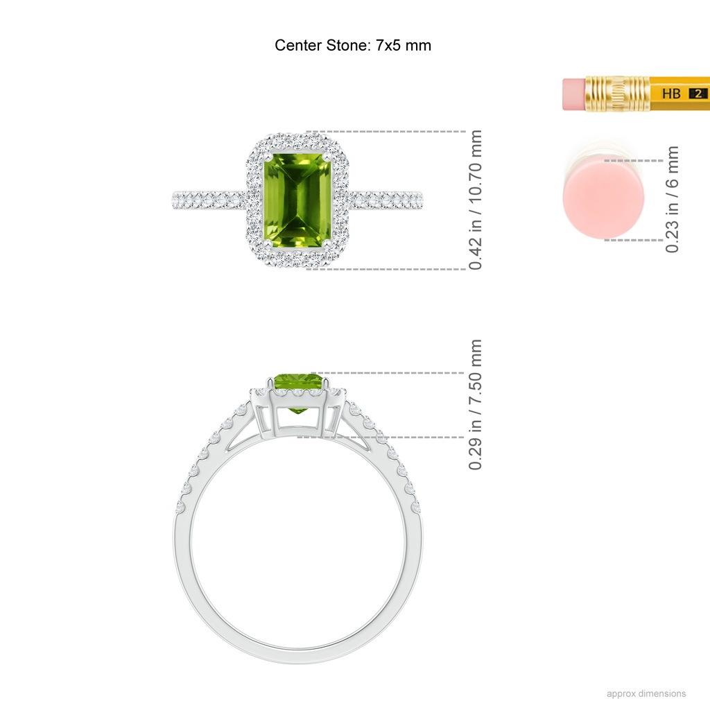 7x5mm AAAA Emerald-Cut Peridot Halo Ring in P950 Platinum Ruler