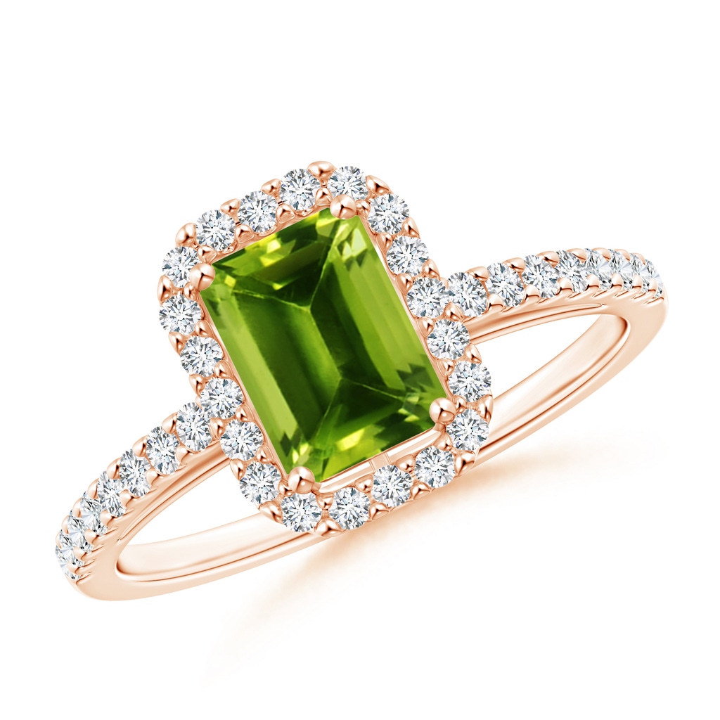 7x5mm AAAA Emerald-Cut Peridot Halo Ring in Rose Gold