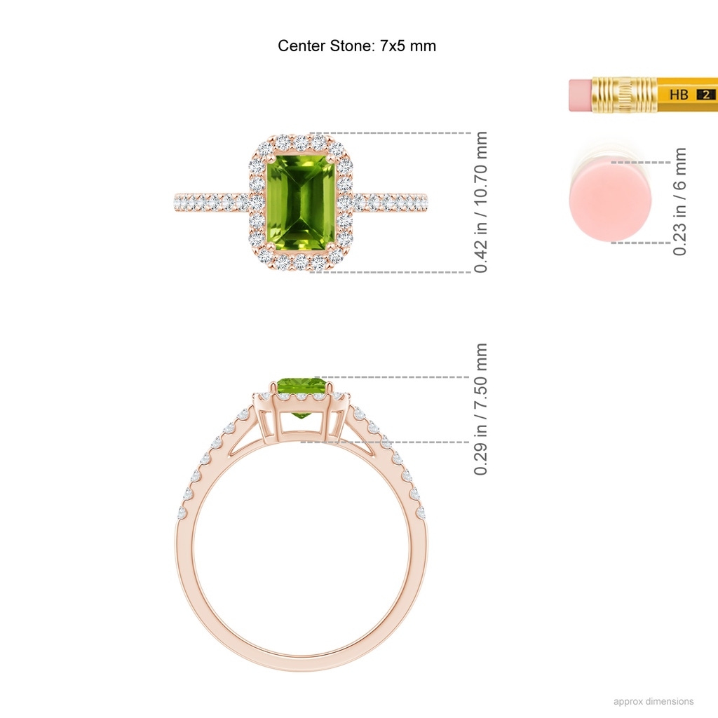 7x5mm AAAA Emerald-Cut Peridot Halo Ring in Rose Gold Ruler