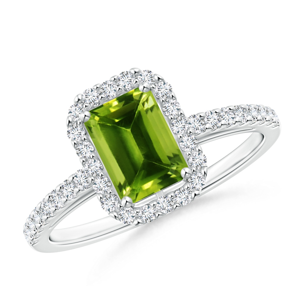 7x5mm AAAA Emerald-Cut Peridot Halo Ring in White Gold