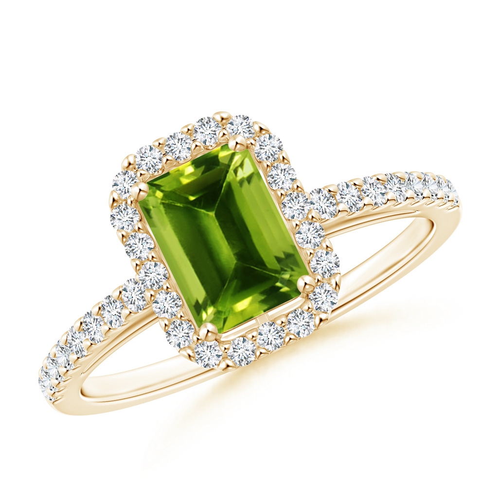 7x5mm AAAA Emerald-Cut Peridot Halo Ring in Yellow Gold