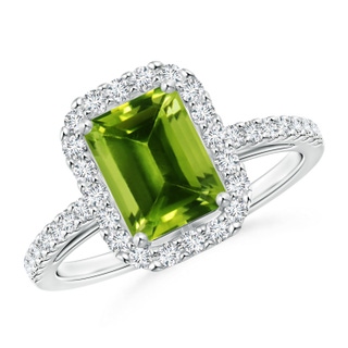 8x6mm AAAA Emerald-Cut Peridot Halo Ring in P950 Platinum