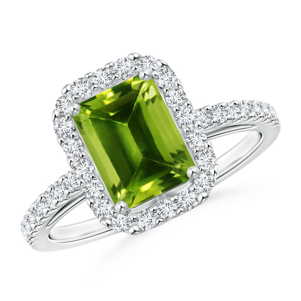 8x6mm AAAA Emerald-Cut Peridot Halo Ring in White Gold
