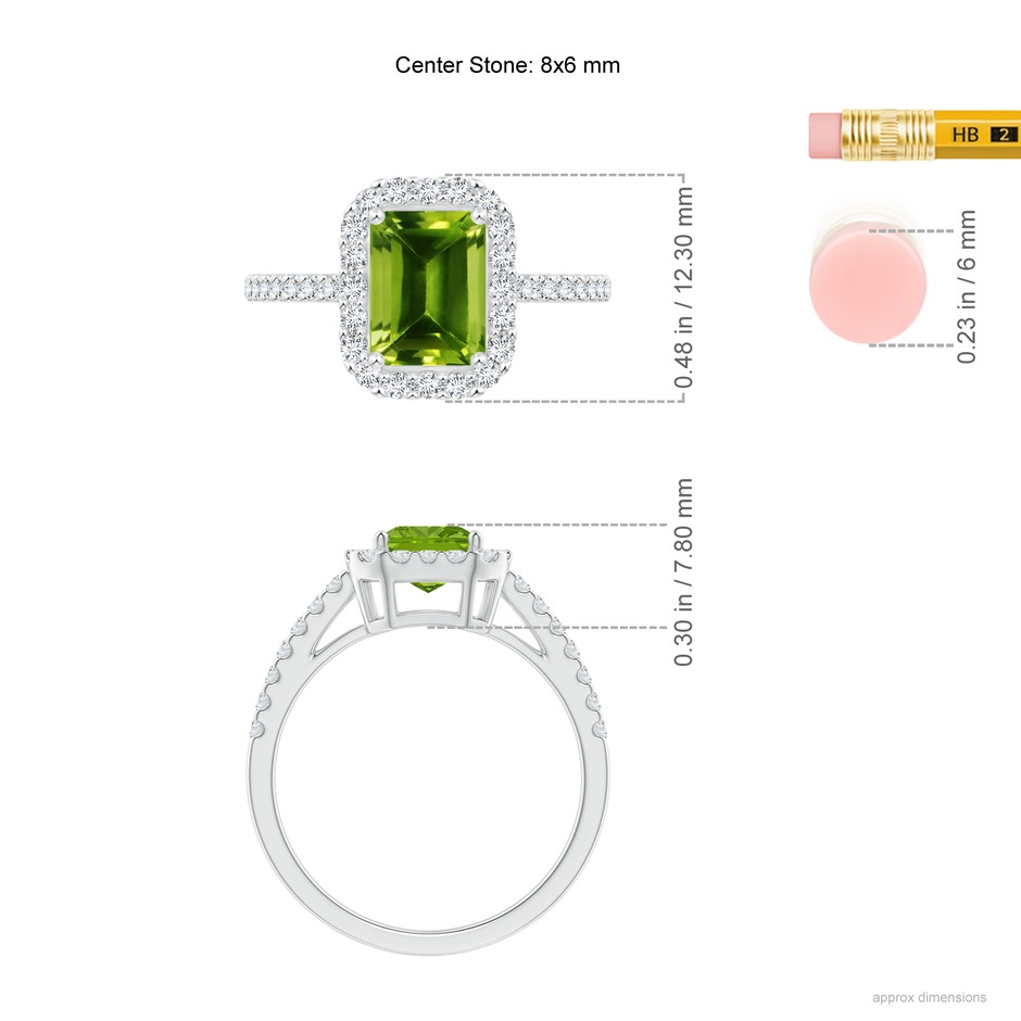 8x6mm AAAA Emerald-Cut Peridot Halo Ring in White Gold ruler