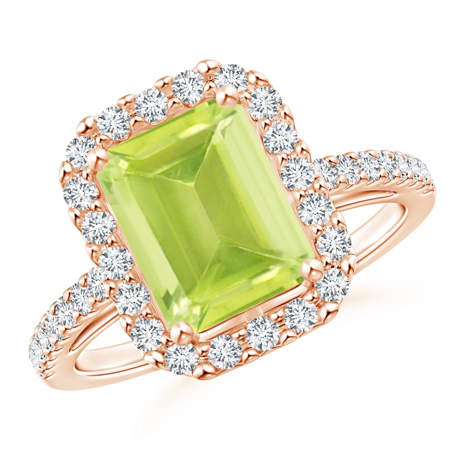 9x7mm A Emerald-Cut Peridot Halo Ring in Rose Gold 