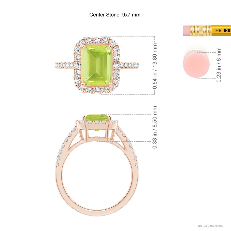 9x7mm A Emerald-Cut Peridot Halo Ring in Rose Gold ruler