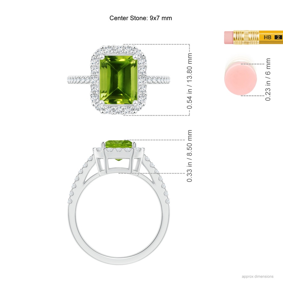 9x7mm AAAA Emerald-Cut Peridot Halo Ring in P950 Platinum ruler