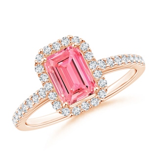 5x3mm AAAA Emerald-Cut Fancy Intense Pink Diamond Halo Ring in 9K Rose Gold