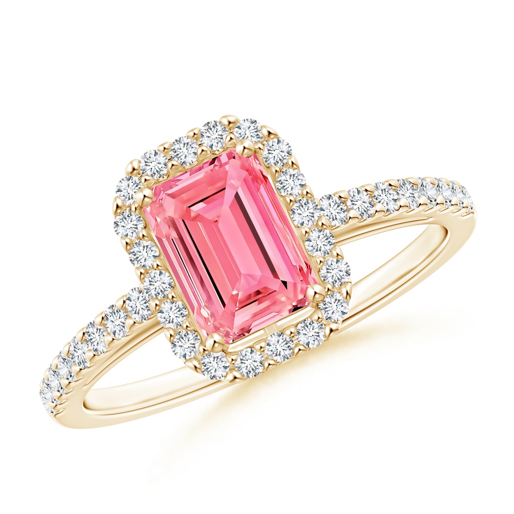 5x3mm AAAA Emerald-Cut Fancy Intense Pink Diamond Halo Ring in Yellow Gold