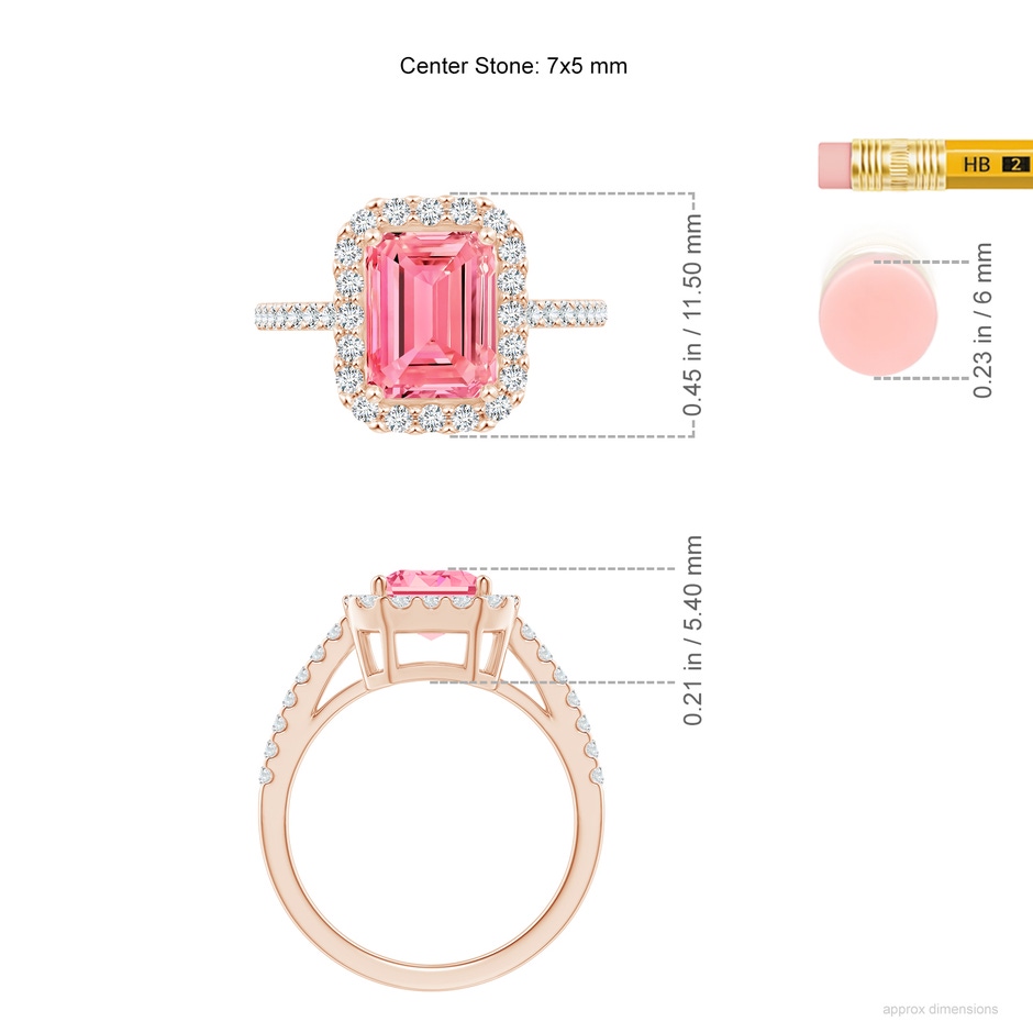 7x5mm AAAA Emerald-Cut Fancy Intense Pink Diamond Halo Ring in 9K Rose Gold ruler