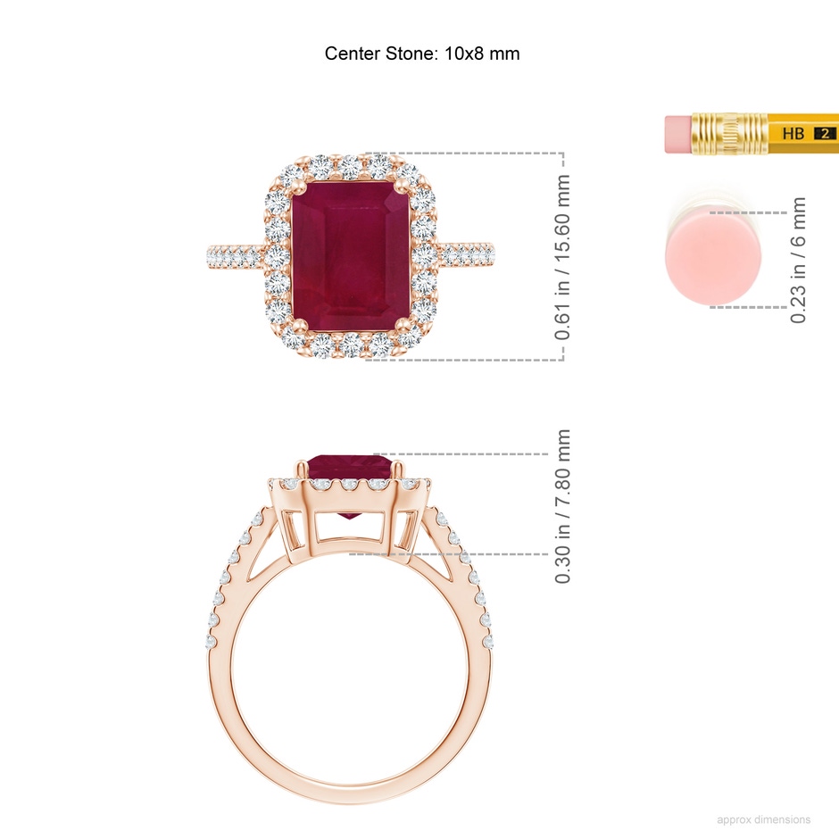 10x8mm A Emerald-Cut Ruby Halo Ring in Rose Gold ruler