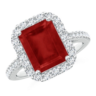 10x8mm AA Emerald-Cut Ruby Halo Ring in P950 Platinum
