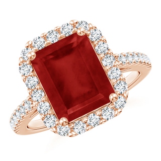 10x8mm AA Emerald-Cut Ruby Halo Ring in Rose Gold