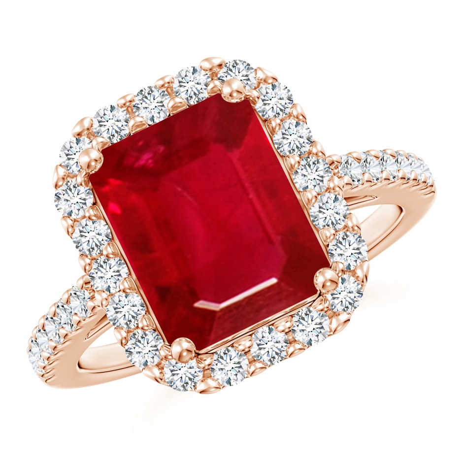 10x8mm AAA Emerald-Cut Ruby Halo Ring in Rose Gold 