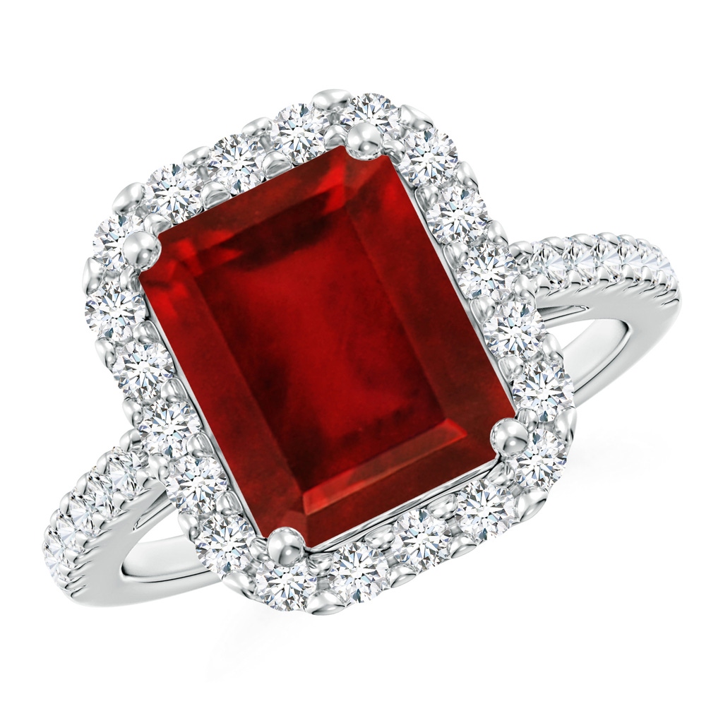 10x8mm AAAA Emerald-Cut Ruby Halo Ring in P950 Platinum