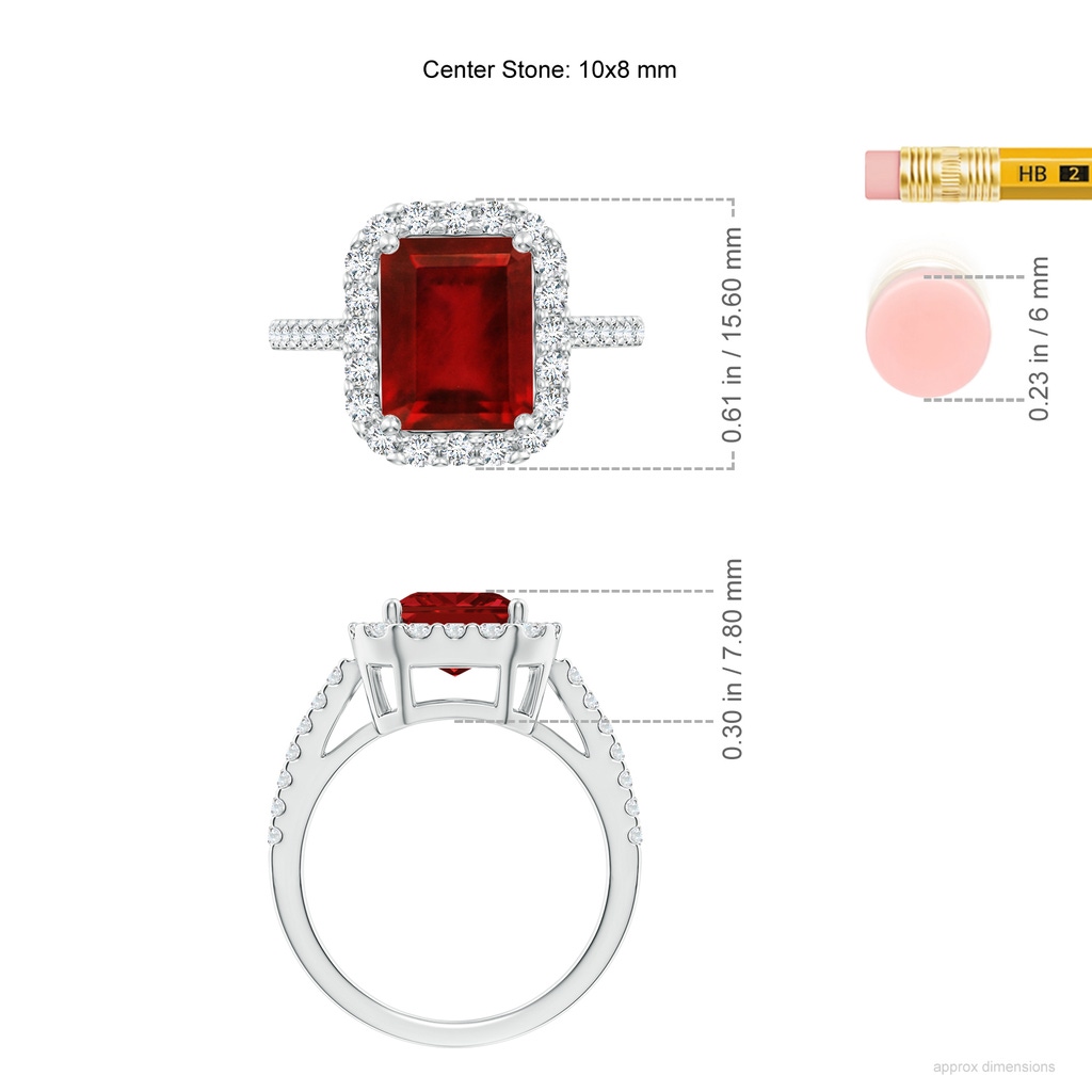 10x8mm AAAA Emerald-Cut Ruby Halo Ring in P950 Platinum ruler