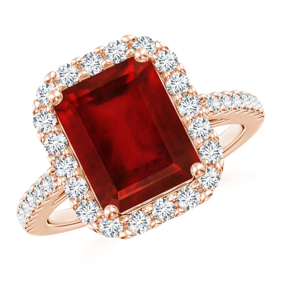 10x8mm AAAA Emerald-Cut Ruby Halo Ring in Rose Gold 