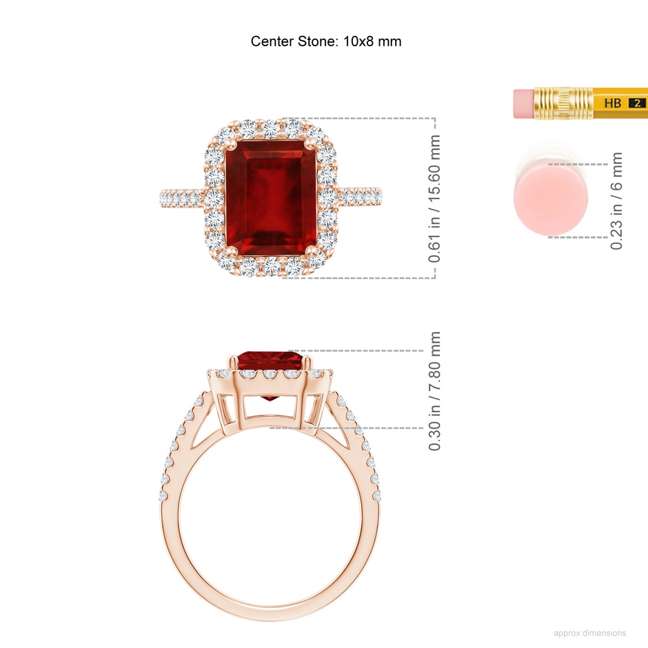 10x8mm AAAA Emerald-Cut Ruby Halo Ring in Rose Gold ruler