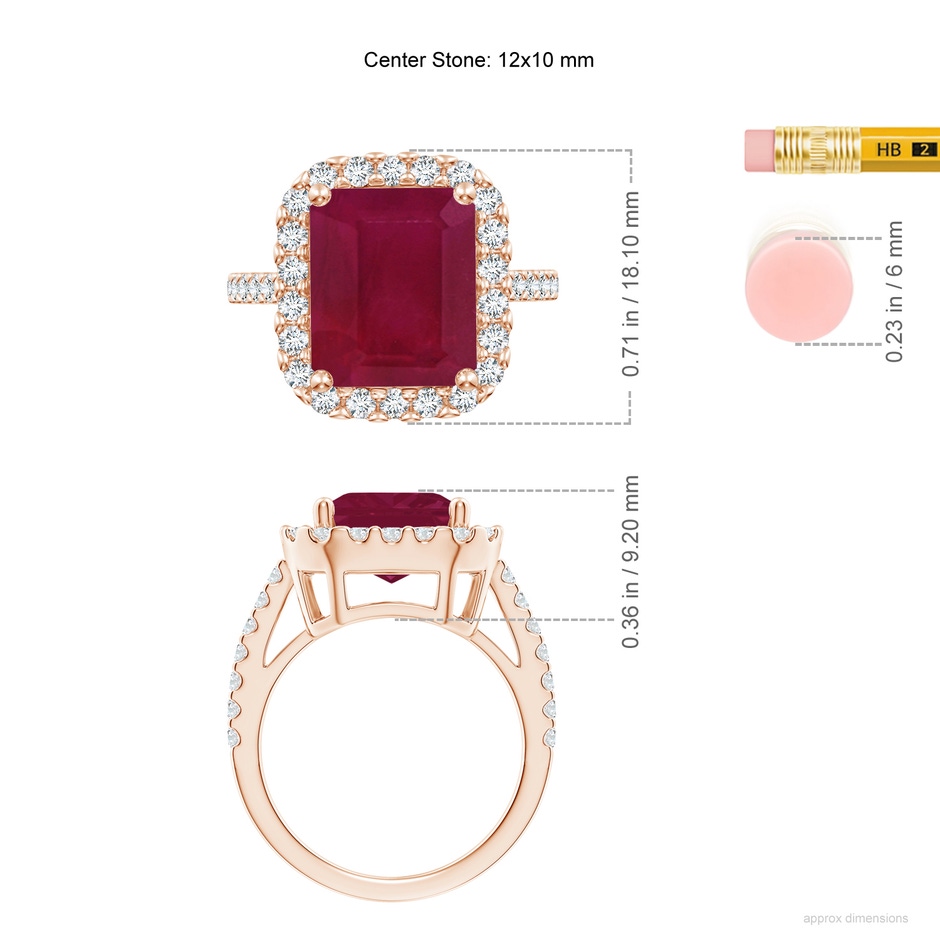 12x10mm A Emerald-Cut Ruby Halo Ring in Rose Gold ruler