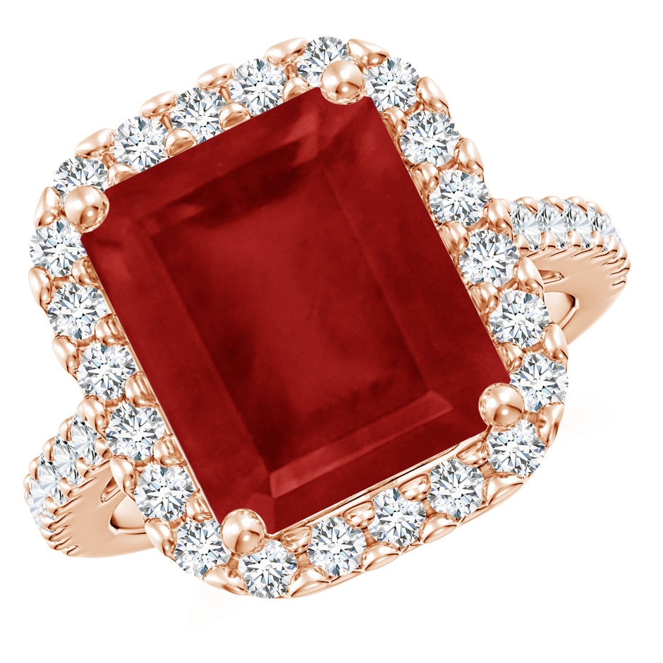 12x10mm AA Emerald-Cut Ruby Halo Ring in Rose Gold 