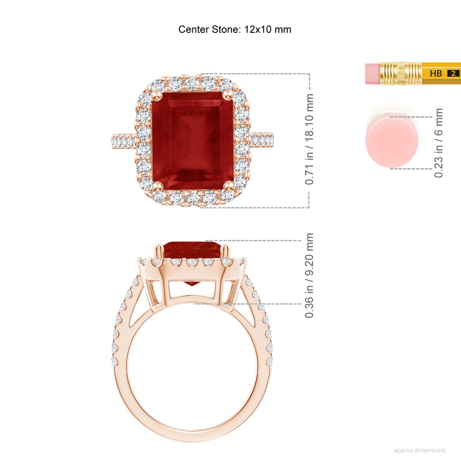 12x10mm AA Emerald-Cut Ruby Halo Ring in Rose Gold ruler