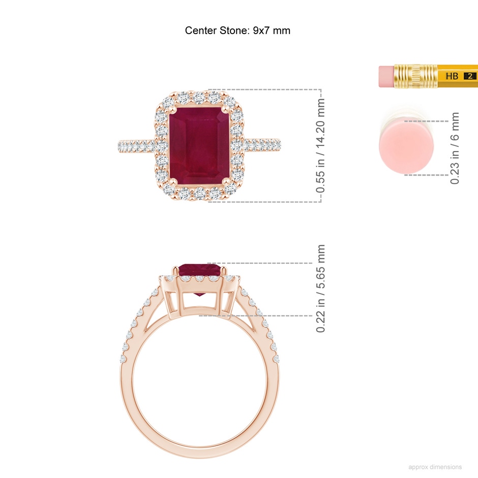 9x7mm A Emerald-Cut Ruby Halo Ring in Rose Gold ruler