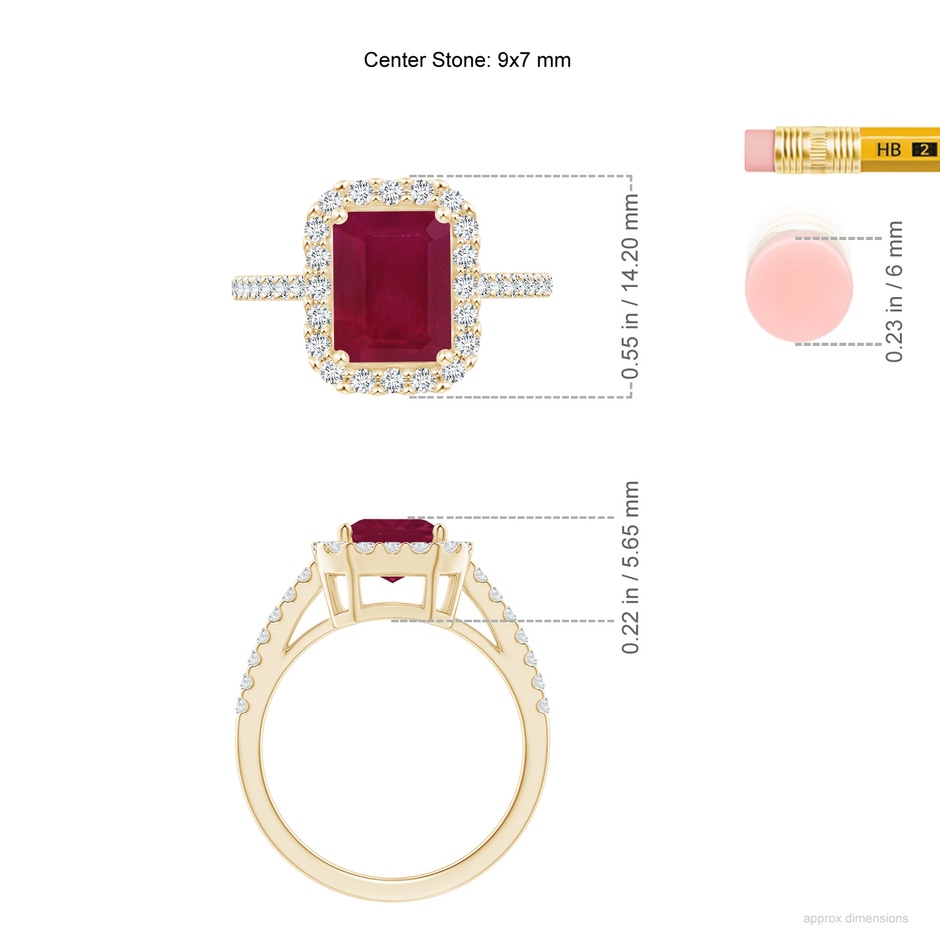 9x7mm A Emerald-Cut Ruby Halo Ring in Yellow Gold ruler