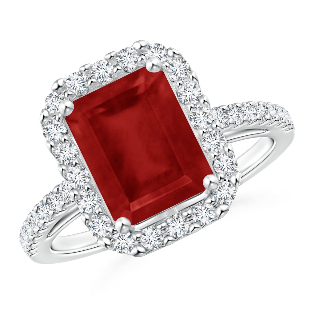 9x7mm AA Emerald-Cut Ruby Halo Ring in White Gold