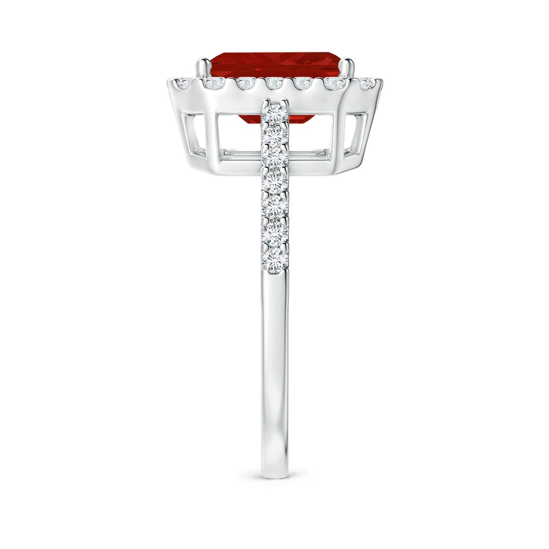 9x7mm AA Emerald-Cut Ruby Halo Ring in White Gold - side 3