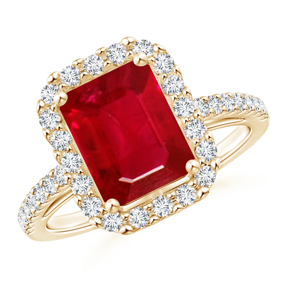 9x7mm AAA Emerald-Cut Ruby Halo Ring in Yellow Gold 