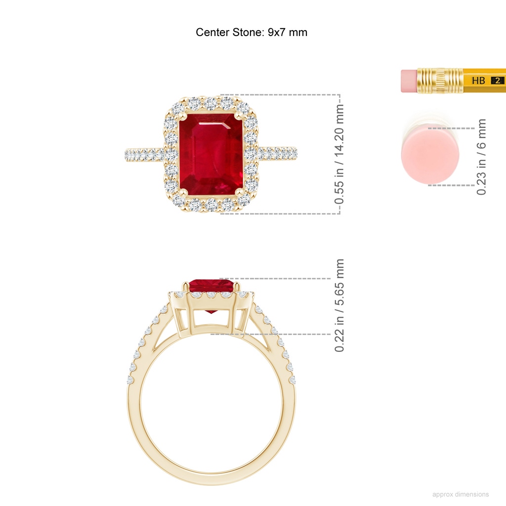 9x7mm AAA Emerald-Cut Ruby Halo Ring in Yellow Gold ruler