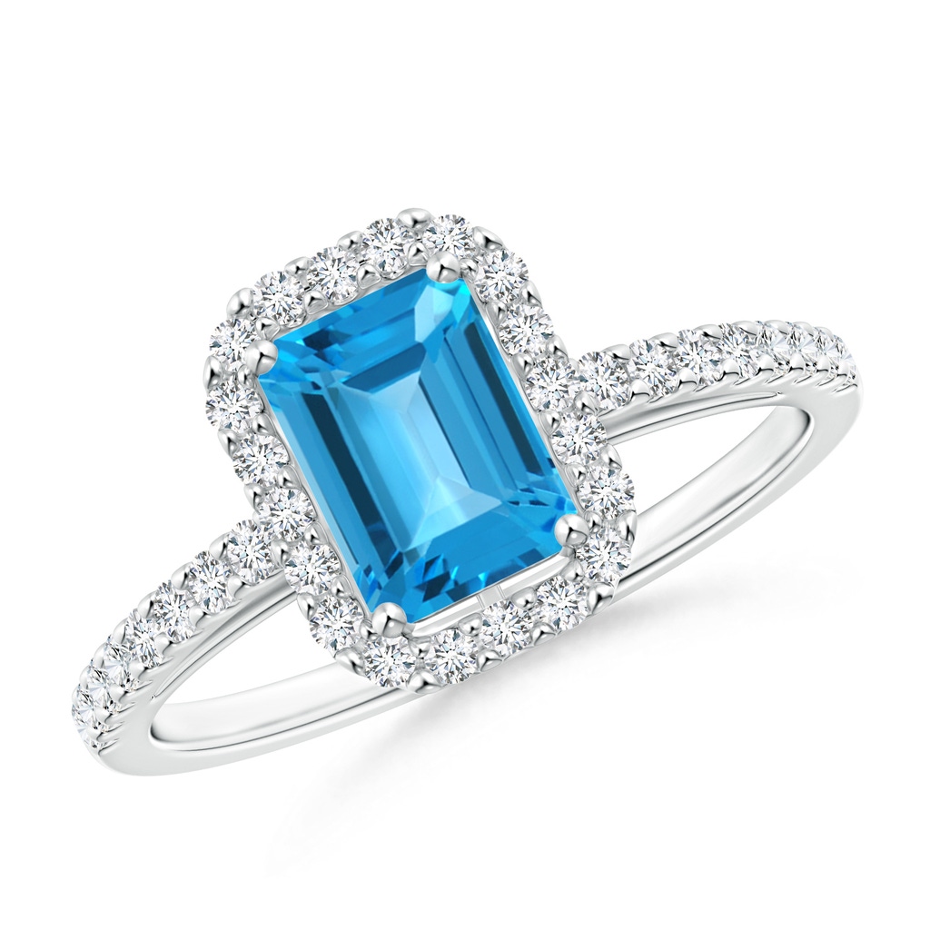 7x5mm AAA Emerald-Cut Swiss Blue Topaz Halo Ring in White Gold