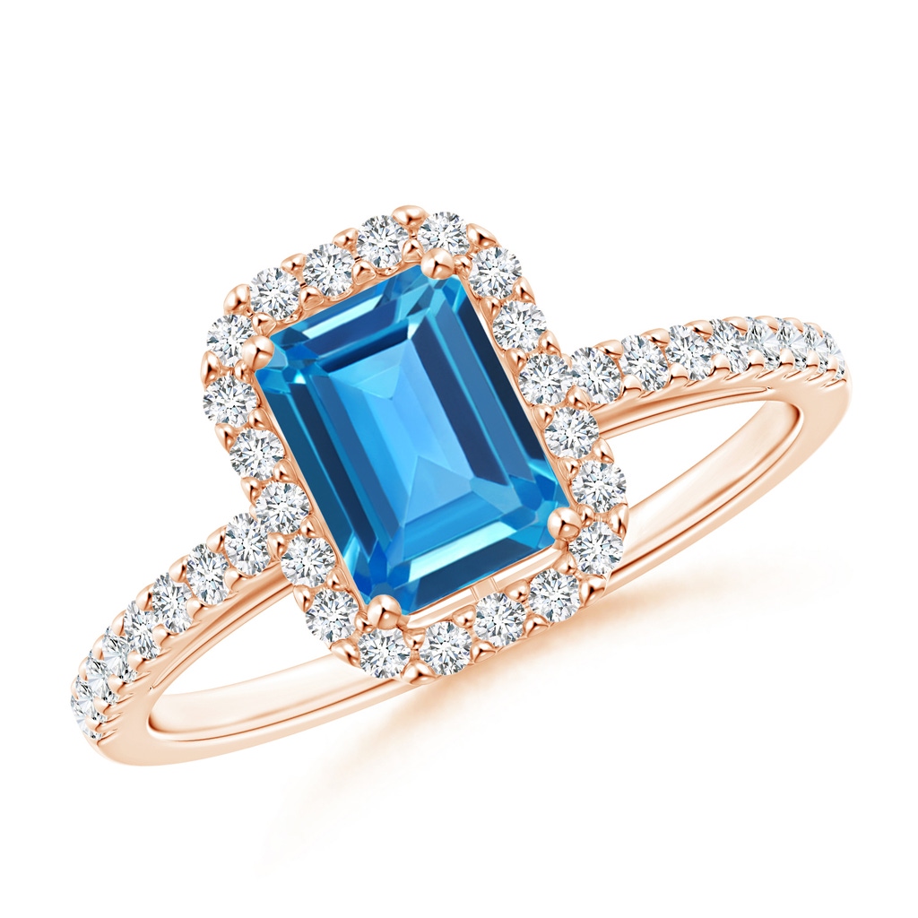 7x5mm AAAA Emerald-Cut Swiss Blue Topaz Halo Ring in Rose Gold
