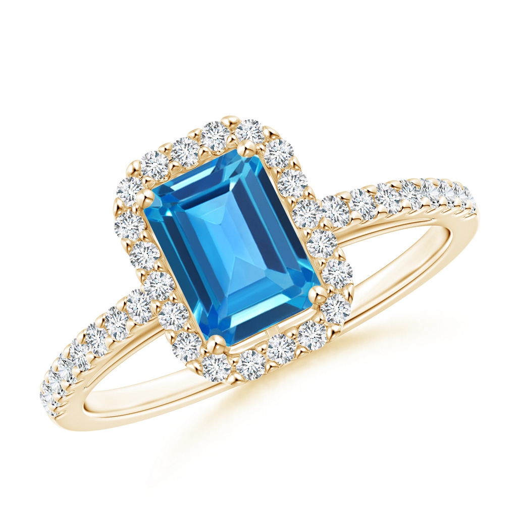 7x5mm AAAA Emerald-Cut Swiss Blue Topaz Halo Ring in Yellow Gold
