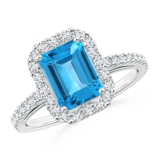 8x6mm AAA Emerald-Cut Swiss Blue Topaz Halo Ring in White Gold