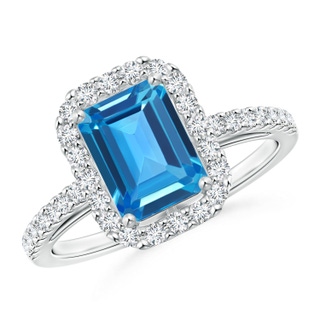 8x6mm AAAA Emerald-Cut Swiss Blue Topaz Halo Ring in P950 Platinum