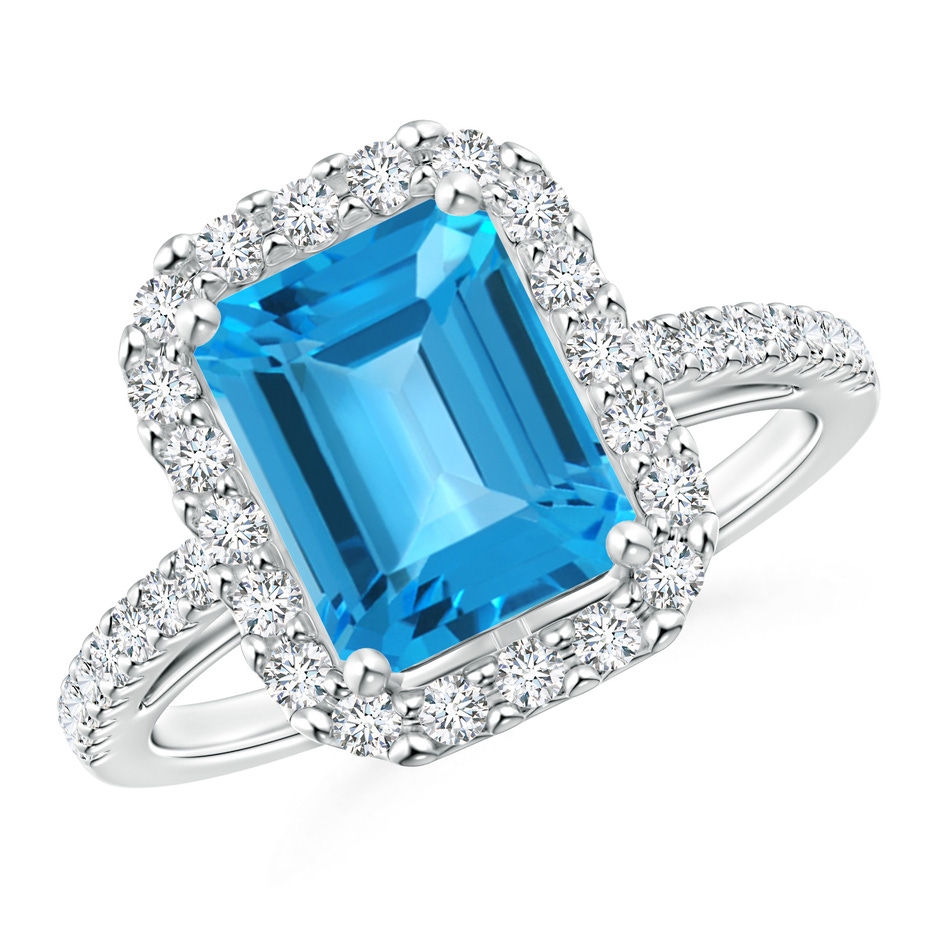 9x7mm AAA Emerald-Cut Swiss Blue Topaz Halo Ring in White Gold 
