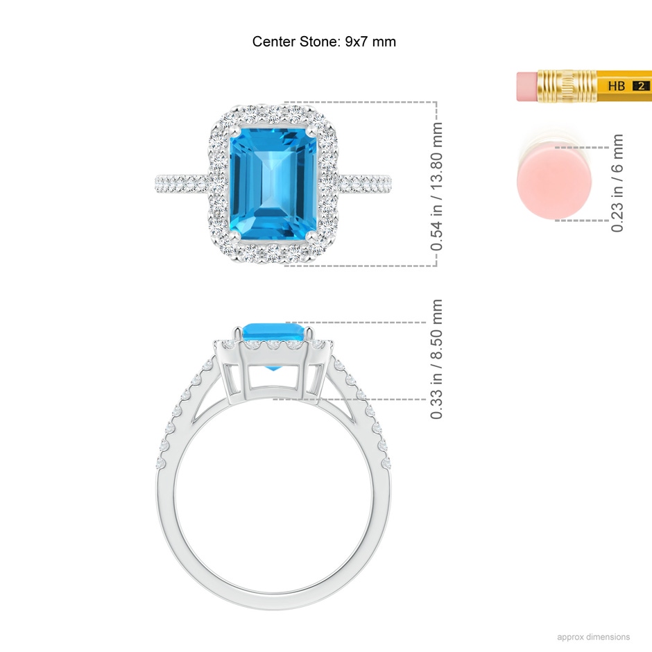 9x7mm AAA Emerald-Cut Swiss Blue Topaz Halo Ring in White Gold ruler
