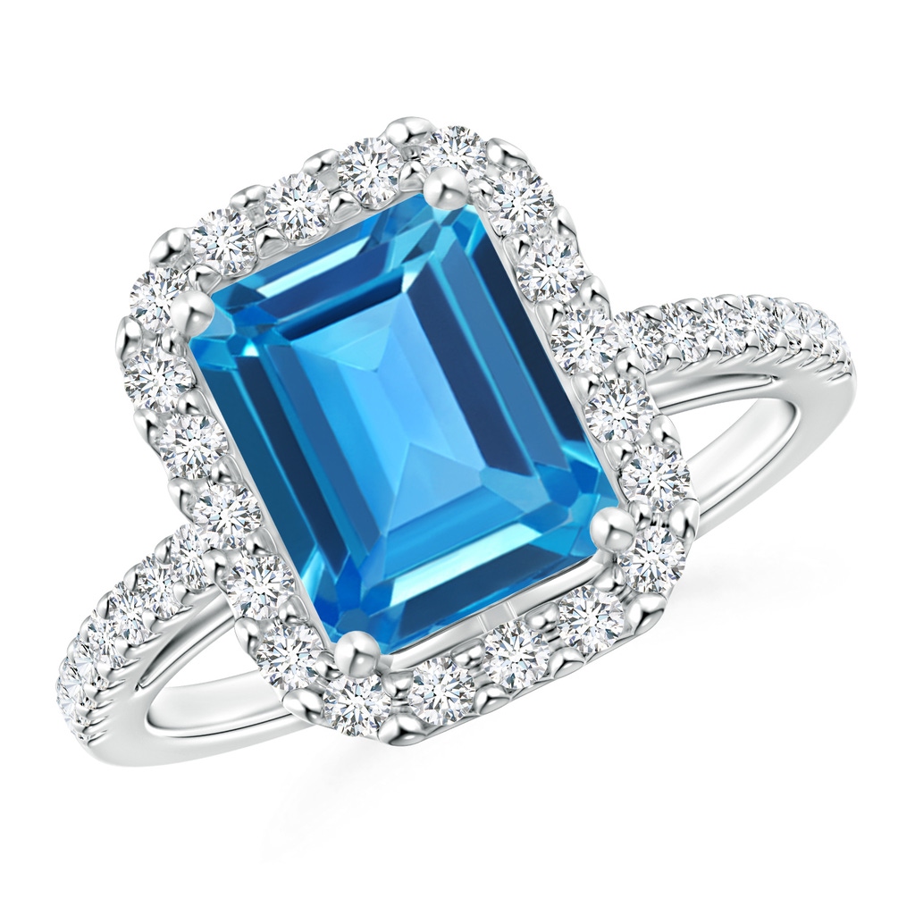 9x7mm AAAA Emerald-Cut Swiss Blue Topaz Halo Ring in White Gold