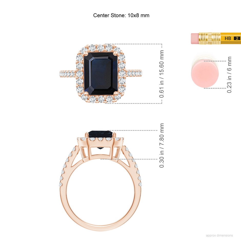 10x8mm A Emerald-Cut Blue Sapphire Halo Ring in Rose Gold ruler