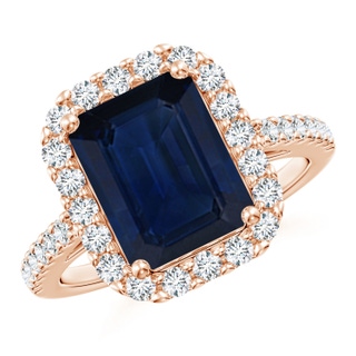 10x8mm AA Emerald-Cut Blue Sapphire Halo Ring in 9K Rose Gold