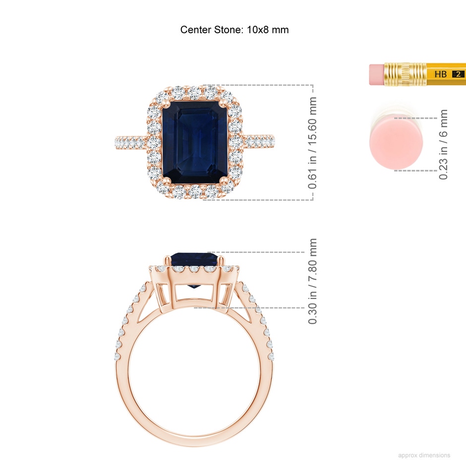 10x8mm AA Emerald-Cut Blue Sapphire Halo Ring in Rose Gold ruler