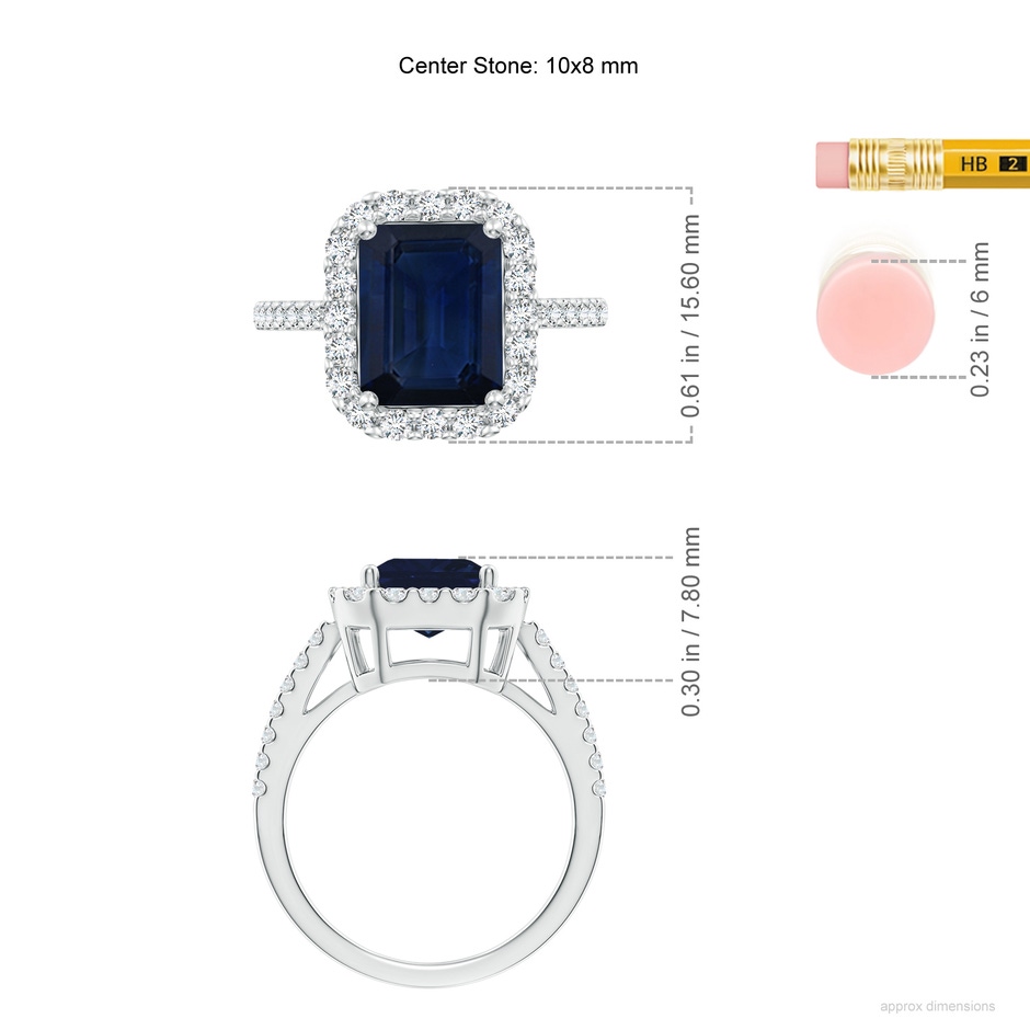 10x8mm AA Emerald-Cut Blue Sapphire Halo Ring in White Gold ruler