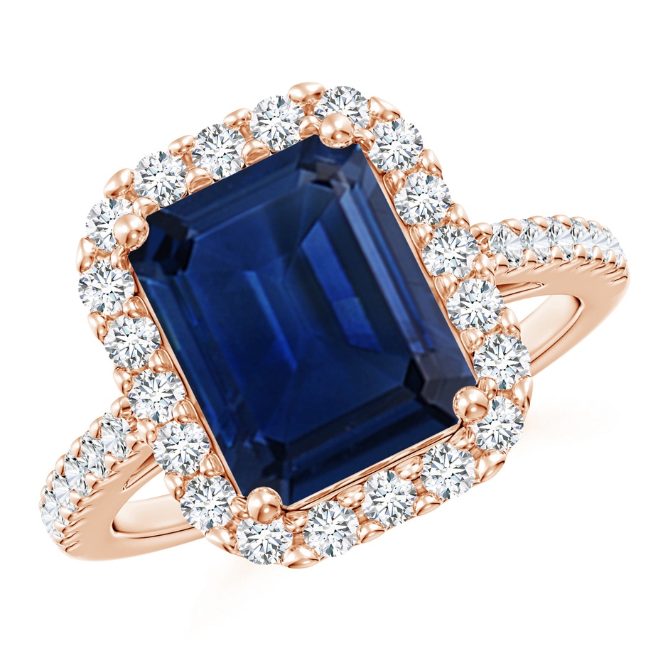 10x8mm AAA Emerald-Cut Blue Sapphire Halo Ring in Rose Gold 