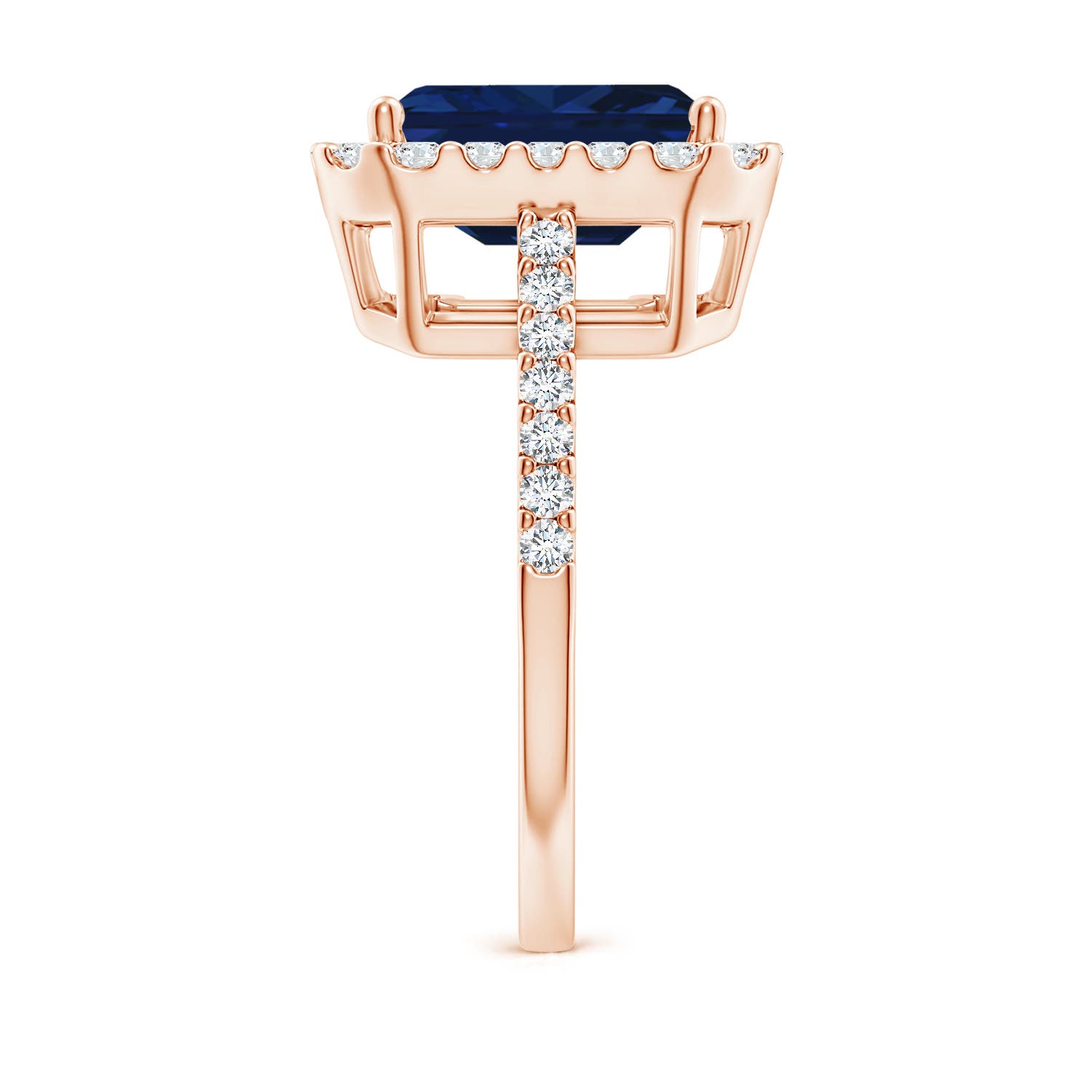 10x8mm AAA Emerald-Cut Blue Sapphire Halo Ring in Rose Gold - side 3