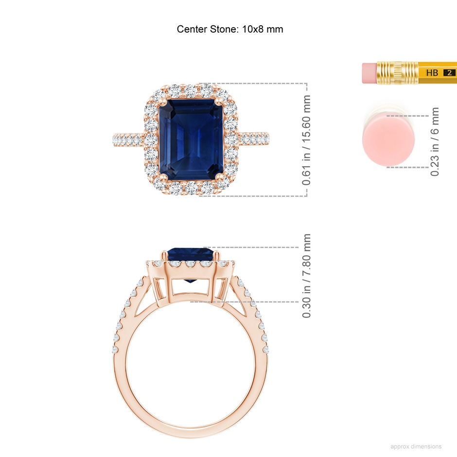 10x8mm AAA Emerald-Cut Blue Sapphire Halo Ring in Rose Gold ruler