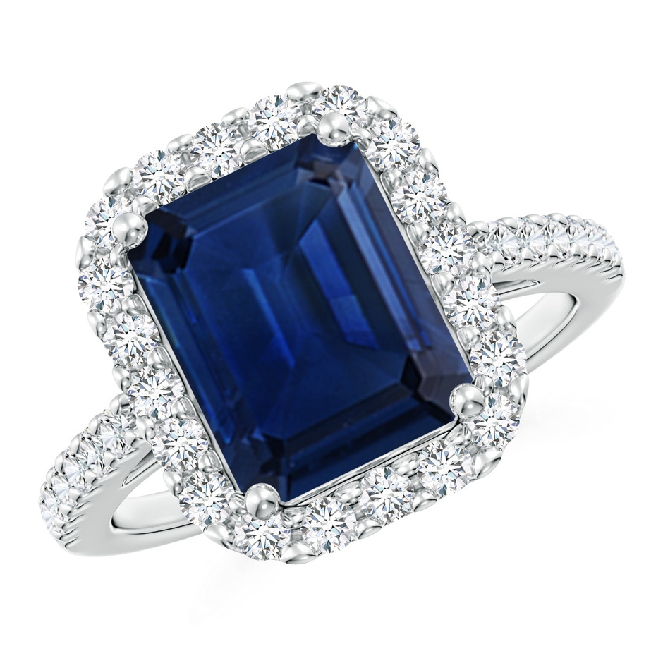 10x8mm AAA Emerald-Cut Blue Sapphire Halo Ring in White Gold 