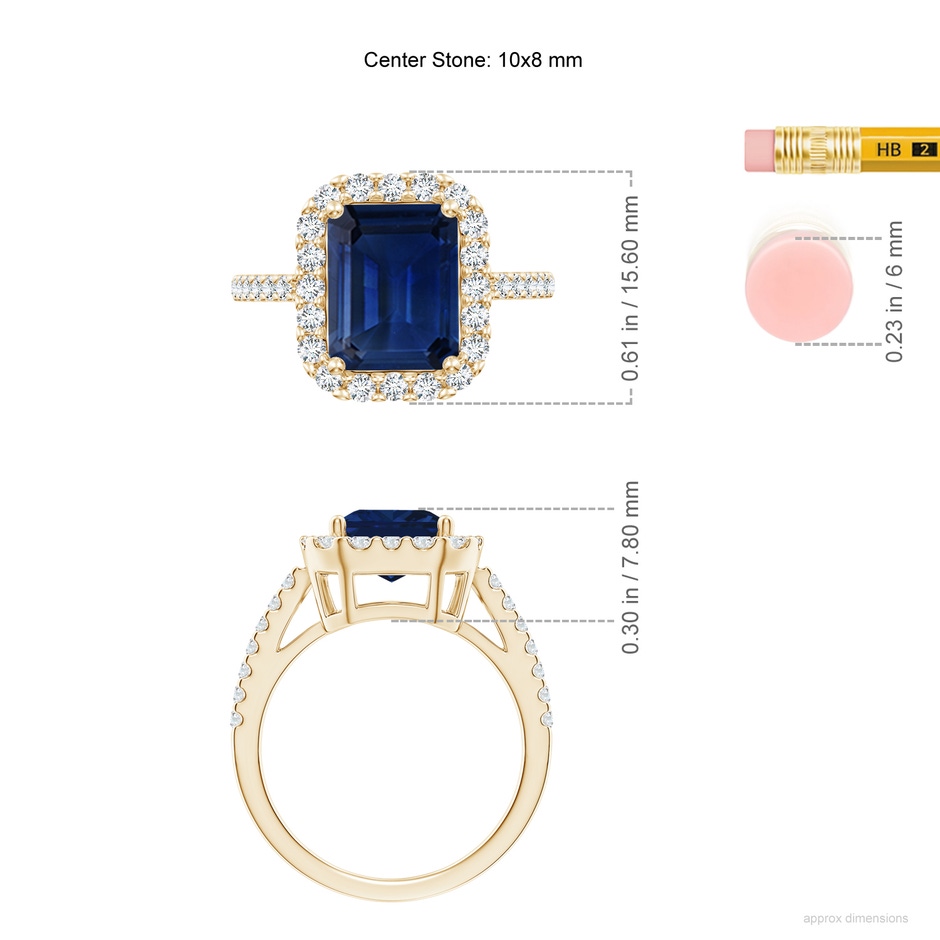 10x8mm AAA Emerald-Cut Blue Sapphire Halo Ring in Yellow Gold ruler