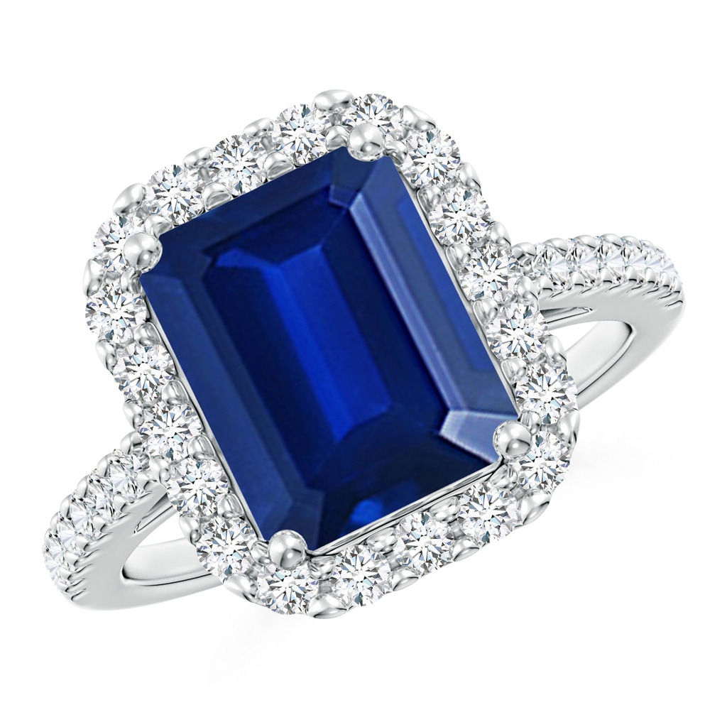 10x8mm Lab-Grown Emerald-Cut Blue Sapphire Halo Ring in P950 Platinum